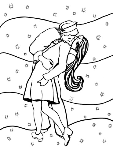 Line drawing for adult coloring, inspired by the famous V-J Day kiss in Times Square, with a unique twist showing the nurse's hair flowing freely, adding a romantic flair. The sailor and nurse are intimately embracing, capturing the joy and relief at the end of World War II, surrounded by a backdrop of snowflakes, symbolizing a time of peace and celebration. Free coloring page :: You-Color