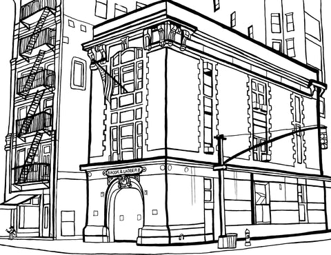 coloring page of the New York City Fire Department, Hook & Ladder 8 building, known for its appearance in popular culture. This line drawing depicts the iconic facade with its detailed stonework, large arched entrance, and the recognizable signage above the door. Fire escapes adorn the adjacent building, while street elements like a traffic light, street lamps, and a fire hydrant add to the urban scene. Free coloring page :: You-Color
