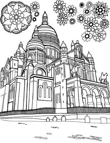  detailed coloring page presenting the iconic Sacré-Cœur Basilica located in Paris, France, with its domes and architectural details clearly outlined against a backdrop of decorative flowers. The image captures the grandeur and romantic essence of this historic Montmartre landmark, inviting coloring enthusiasts to add their own palette of colors to this scene, enhancing its beauty and charm. Free coloring page :: You-Color