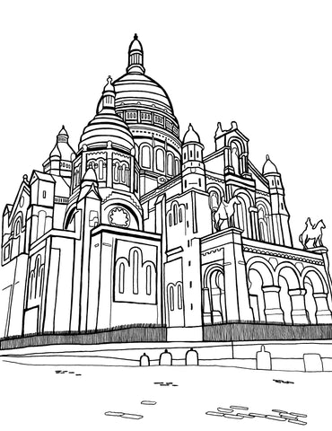 The black and white coloring page features the stunning Sacré-Cœur Basilica in Paris, with its majestic domes and intricate architectural details. The basilica stands proudly atop Montmartre hill, in this historic scene. The fine lines and grand arches of the structure invite a play of colors, perfect for those who wish to immerse themselves in the art and soul of Parisian culture. Free coloring page :: You-Color
