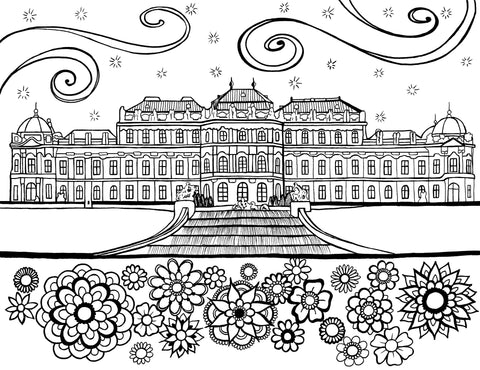 Elevate your coloring with this detailed representation of Vienna's Belvedere Palace, featuring intricate black lines of swirls in the sky outlining its famous baroque architecture and mandala gardens, ready to be adorned with the colors of your choice. A delightful journey into Austria's imperial history awaits. Free coloring page :: You-Color