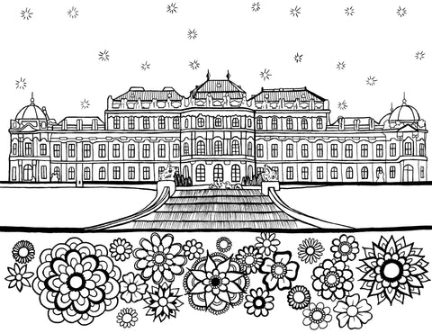 A black and white line drawing suitable for coloring, showcasing the historic Belvedere Palace in Vienna, Austria. The palace is depicted with its distinctive Baroque architecture, including its grandiose facade, domed roofs, and ornamental statues. In the foreground, there's a decorative array of stylized flowers, adding a creative and artistic border to the scene. Above the palace, a night sky is suggested by small stars scattered across the top of the image. Free coloring page :: You-Color