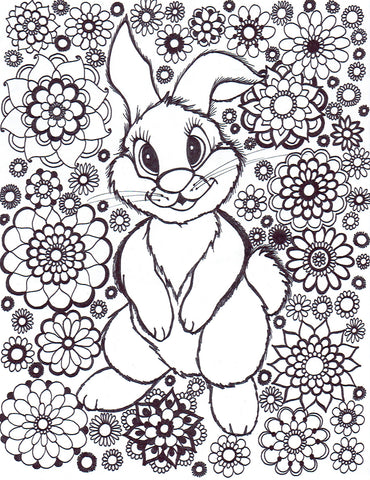 Coloring page featuring 'Harvey' the bunny, a charming character sitting amidst a field of diverse mandala flowers. The image captures Harvey with expressive eyes and large, floppy ears, surrounded by a dense pattern of flowers with intricate petals, perfect for adults seeking a whimsical yet relaxing coloring experience. Free coloring page :: YouColor