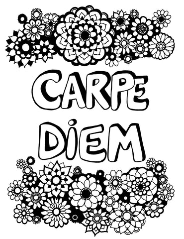 Motivational coloring page for adults featuring the timeless Latin phrase 'CARPE DIEM' nestled between diverse mandala flowers. The phrase, which translates to 'seize the day,' is rendered in bold, playful lettering that contrasts with the surrounding intricate floral patterns. This design invites colorists to infuse vibrant hues into the detailed blossoms. An ideal creative outlet for those who appreciate life's affirmations paired with the meditative practice of coloring. Free coloring page :: You-Color