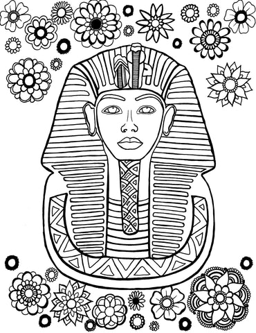 A black and white coloring page depicting a stylized illustration of the iconic funerary mask of King Tutankhamun, also known as King Tut. The image captures the detailed craftsmanship of the mask with its ceremonial headdress and traditional Egyptian motifs, set against a backdrop of assorted flowers and geometric patterns symbolizing the rich floral diversity and the structured beauty of ancient Egyptian art.  Free coloring page :: You-Color
