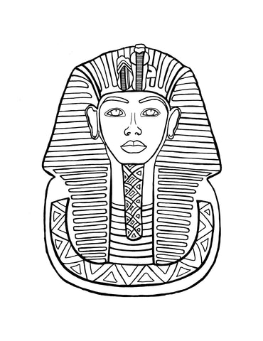 An intricate coloring page showcases a stylized depiction of the famous golden mask of King Tut. The mask is detailed with symmetrical lines and traditional patterns synonymous with ancient Egyptian art. The facial features of the mask are calm and symmetrical, with eyes gazing forward, a symbol of regal eternity.  This page offers an educational and interactive way to engage with one of Egypt's most legendary historical figures and the rich art history of his era.. Free coloring page :: You-Color