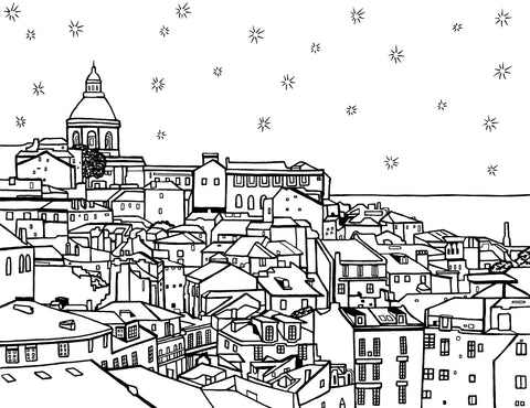 Line drawing coloring page featuring the iconic panoramic view of Lisbon, Portugal. It showcases the dense cluster of traditional Portuguese buildings with their distinctive terracotta rooftops, nestled on the rolling hills that characterize the city's landscape. Dominating the skyline is the dome of the National Pantheon, with the Tagus River faintly visible in the background. Free coloring page :: You-Color
