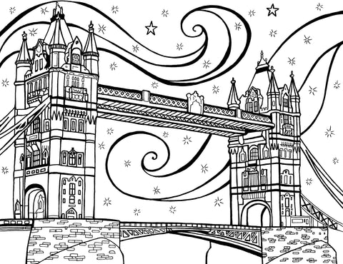 Detailed illustration of the iconic Tower Bridge in London, England, under magical starry sky with swirls. The architecture, featuring two towering neo-Gothic towers and a walkway rising above the River Thames. Each of the towers boasts intricate windows, ledges, and Victorian ornamental details that speak to the bridge's historic significance and architectural beauty. Free coloring page :: You-Color