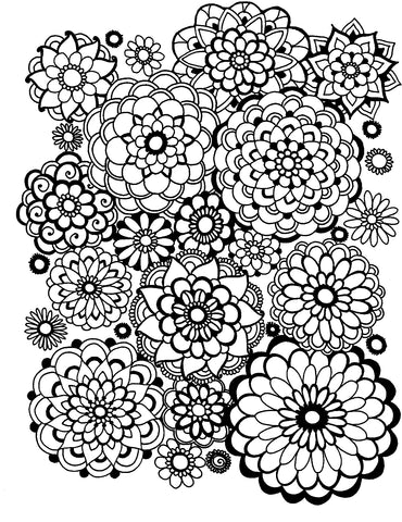 An array of intricately designed mandala flowers in a dynamic, explosion-like arrangement for an adult coloring page. The image features a diverse collection of mandalas with various patterns, from tightly packed petals to radiating circular designs, resembling a bouquet of fireworks made of flowers. Free coloring page :: YouColor