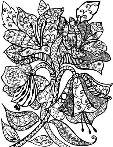 Engaging adult coloring page featuring a lush bouquet of flowers, each petal and leaf brimming with intricate mandala textures and patterns. The blossoms range from large, blooming flowers to small, delicate buds, all interconnected with swirling stems and leaves. The variety of mandala designs within the flora presents a delightful challenge, offering an opportunity for both creativity and relaxation as they bring this garden of mandala flowers to life with color. Free coloring page :: YouColor