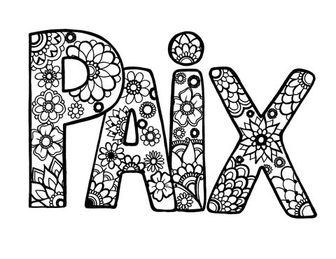 Adult coloring page with the word 'PAIX,' the French term for 'peace,' artistically filled with detailed mandala and floral patterns. Each letter is adorned with a unique array of blossoms, petals, and mandala motifs, inviting a calming coloring experience. Coloring within the ornate designs, this page offers a blend of linguistic charm and artistic complexity, perfect for those who appreciate mindfulness through art. Free coloring page :: YouColor