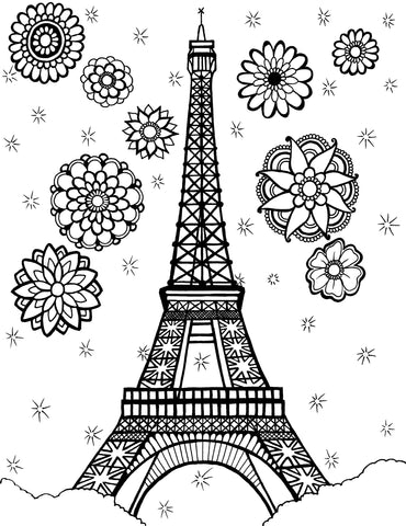 Line drawing of the Eiffel Tower surrounded by decorative flowers and twinkling stars, designed for an adult coloring page. The illustration captures the iconic Parisian landmark with its intricate lattice metalwork, set against a backdrop of whimsical floral patterns and celestial motifs. Free coloring page :: You-Color