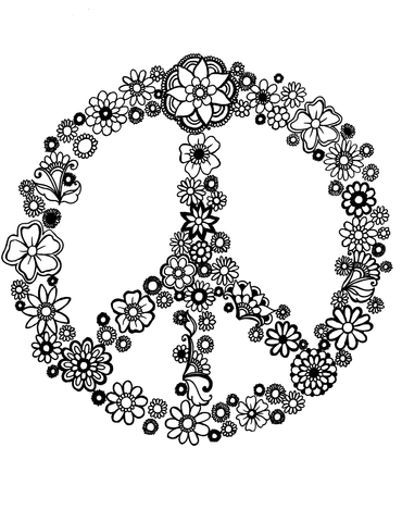 Adult coloring page featuring a peace symbol composed of assorted mandala flowers. This image forms the iconic peace sign with patterns of delicate flowers, interconnected. Each segment of the symbol contains different styles and sizes of flowers, offering a diverse coloring experience. Ideal for individuals seeking a meaningful and meditative art activity that symbolizes harmony and tranquility. Free coloring page :: YouColor