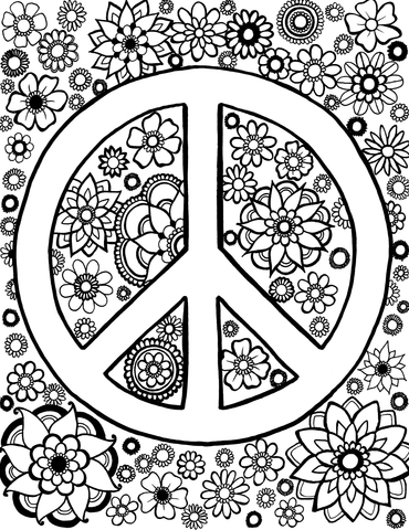 Elaborate adult coloring page with a peace sign filled with intricate mandala designs and surrounded by a variety of floral patterns. The peace symbol is divided into sections, each featuring detailed mandala flowers and geometric shapes, creating a visually appealing design that invites a relaxing coloring session.The surrounding flowers in different sizes and shapes offer additional elements to color.  Free coloring page :: YouColor