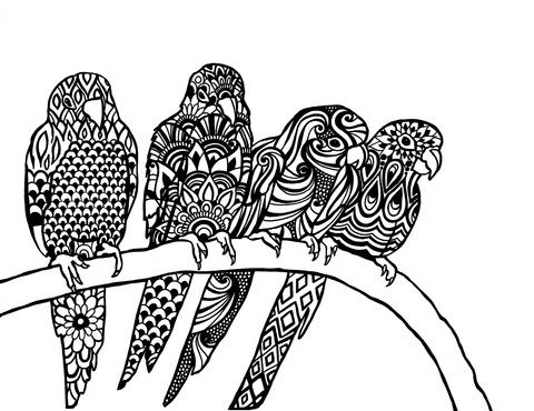 Exquisite adult coloring page showcasing a quartet of parrots perched on a branch, each intricately adorned with mandala-inspired patterns. The birds display a captivating array of designs within their feathers, from floral motifs to geometric shapes, providing a delightful and detailed art piece to color. This image offers a creative and engaging challenge for adults who enjoy adding their personal touch to complex and beautiful wildlife illustrations.. Free coloring page :: YouColor