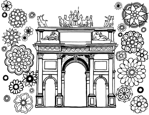 Detailed coloring page featuring the Porta Sempione in Milan, Italy. The foreground is filled by  a diverse collection of floral mandala patterns to color. The arch's neoclassical style, includes detailed sculptures and columns. This illustration artfully combines architectural elegance with the therapeutic patterns of mandalas, perfect for adult coloring enthusiasts interested in cultural landmarks and relaxation through art. Free coloring page :: You-Color