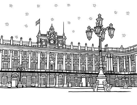 ntricately detailed coloring page featuring the Royal Palace of Madrid, Spain, with its majestic façade and baroque architectural details. The illustration includes a prominent lamppost in the foreground and snowflakes gently falling, evoking a serene winter atmosphere. This image is designed for adults seeking a sophisticated and cultural coloring experience, inviting them to infuse color into one of Spain's most historic and iconic landmarks. Free coloring page :: You-Color