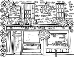 The detailed black and white coloring page features the renowned Temple Bar in Dublin. The pub's facade, adorned with hanging flower baskets and the distinctive signage, is emblematic of the lively Irish spirit. Windows display signs of traditional tobacco and the proud label of Guinness. The scene is encased in a festive array of mandalas and flowers, reflecting the pub's standing as a center of conviviality and cultural heritage in the heart of Dublin. Free coloring page :: You-Color