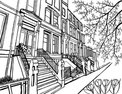 Detailed line drawing for coloring showcasing a row of Brooklyn brownstones with classic stoops and ornate railings. A tree with budding branches overhangs the street, and tulips border the bottom edge of the scene, inviting artistic color application. This image is part of an adult coloring book series that explores the diverse architecture and settings of different countries and cities, each accompanied by intriguing facts to enhance the coloring experience. Package #1 New York :: You-Color 
