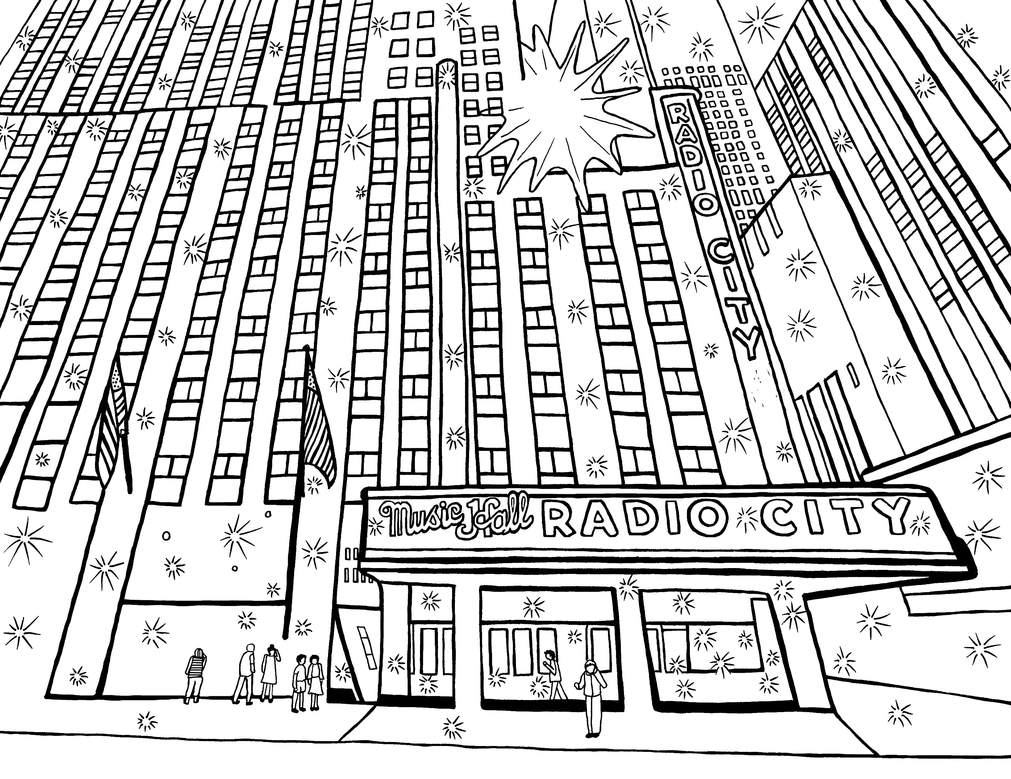 This black and white coloring page presents an artistic, perspective-skewed rendering of Radio City Music Hall in New York City. The iconic marquee of the venue stands out with its bold lettering, flanked by Art Deco architectural details and stylized representations of stars. Several figures are depicted strolling and standing in front of the building, evoking a lively urban scene. Free coloring page :: You-Color