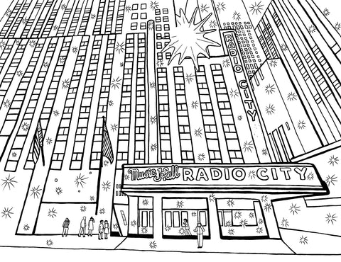 This black and white coloring page presents an artistic, perspective-skewed rendering of Radio City Music Hall in New York City. The iconic marquee of the venue stands out with its bold lettering, flanked by Art Deco architectural details and stylized representations of stars. Several figures are depicted strolling and standing in front of the building, evoking a lively urban scene. Free coloring page :: You-Color
