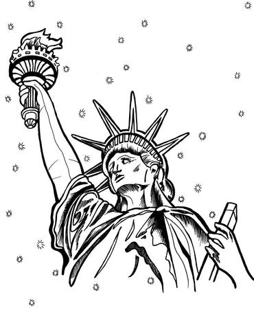 Black and white line illustration of the Statue of Liberty in New York, highlighting the symbol of freedom and Franco-American friendship, with emphasis on the crown and torch details. Free coloring page :: You-Color