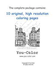 Cover page for an adult coloring book package showcasing a famous street in Amsterdam. The illustration features a detailed line drawing of a Amsterdam Row Houses inviting a tranquil coloring experience. Above the image, the text announces 'The complete package contains: 10 original, high-resolution coloring pages,' emphasizing the quality and exclusivity of the content. This cover sets the tone for a journey through Amsterdam's natural beauty, one coloring page at a time. Package #1 Amsterdam :: You-Color 