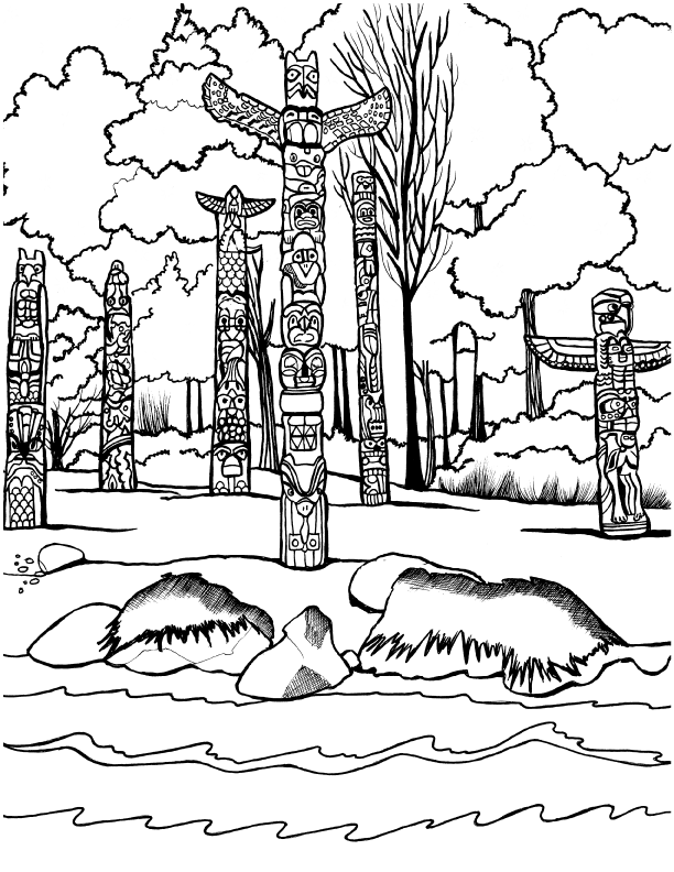 Line art coloring page showcasing a serene scene of the Anthropology Museum in Vancouver, Canada, with a collection of intricately carved totem poles standing prominently in the foreground, a calm river flowing by, and a backdrop of winter trees and a cloudy sky. Free coloring page :: You-Color