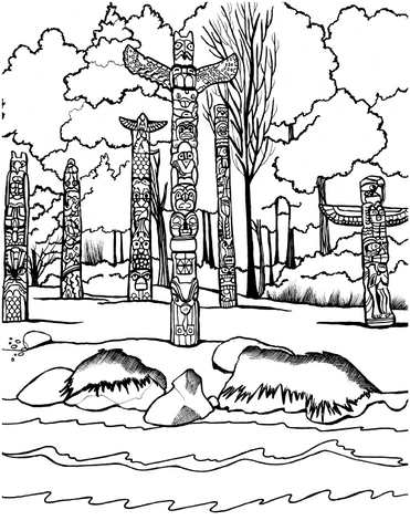 Line art coloring page showcasing a serene scene of the Anthropology Museum in Vancouver, Canada, with a collection of intricately carved totem poles standing prominently in the foreground, a calm river flowing by, and a backdrop of winter trees and a cloudy sky. Free coloring page :: You-Color