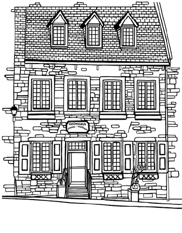 Hand-drawn black-and-white illustration of the historic Geomania boutique in Old Quebec City. The detailed line art shows a charming stone building with dormer windows, symmetrical shuttered windows, and flower pots by the entrance. A small sign above the door reads “GEOMANIA – GEMMES & MINÉRAUX.” The drawing invites viewers to color and discover the architectural charm of this beloved gemstone and mineral shop. You-Color