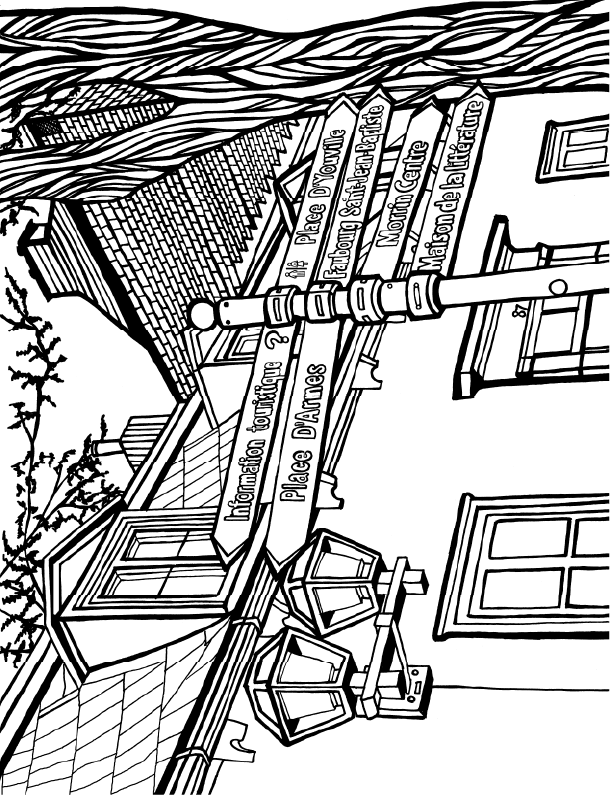Line art illustration of a decorative direction pole in Old Quebec City, featuring multiple wooden signs pointing to local attractions such as Place D’Youville, Saint-Jean-Baptiste, Morin Centre, Maison de la Littérature, and tourist information. The background shows charming historic architecture with dormer windows, a detailed rooftop, and classic street lamps. A tree with twisting branches frames the scene, ideal for coloring and exploring Quebec City's cultural landmarks. You-Color