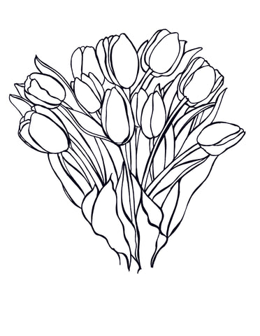 Elegant hand-drawn illustration of a bouquet of tulips, inspired by the Netherlands. The black-and-white line art features a dozen tulip blooms with gracefully curved petals and long leaves, arranged in a natural, organic style. This floral coloring page offers a relaxing and cheerful moment to color one of the world’s most iconic spring flowers. You-Color