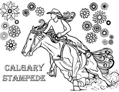 Adult coloring page featuring a dynamic line drawing of a cowgirl riding a galloping horse, set against a background of variously sized daisies. The cowgirl, depicted in profile, is wearing a wide-brimmed hat and is in mid-gallop, conveying the action and excitement of the Calgary Stampede. Capturing the spirit of this iconic event. Known as "The Greatest Outdoor Show on Earth". Package #1 Canada :: You-Color