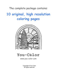 The illustration features a detailed line drawing of a forest with towering pine trees, distant mountains, and a reflective lake, inviting a tranquil coloring experience. Above the image, the text announces 'The complete package contains: 10 original, high-resolution coloring pages,' emphasizing the quality and exclusivity of the content.  Package #1 Canada :: You-Color