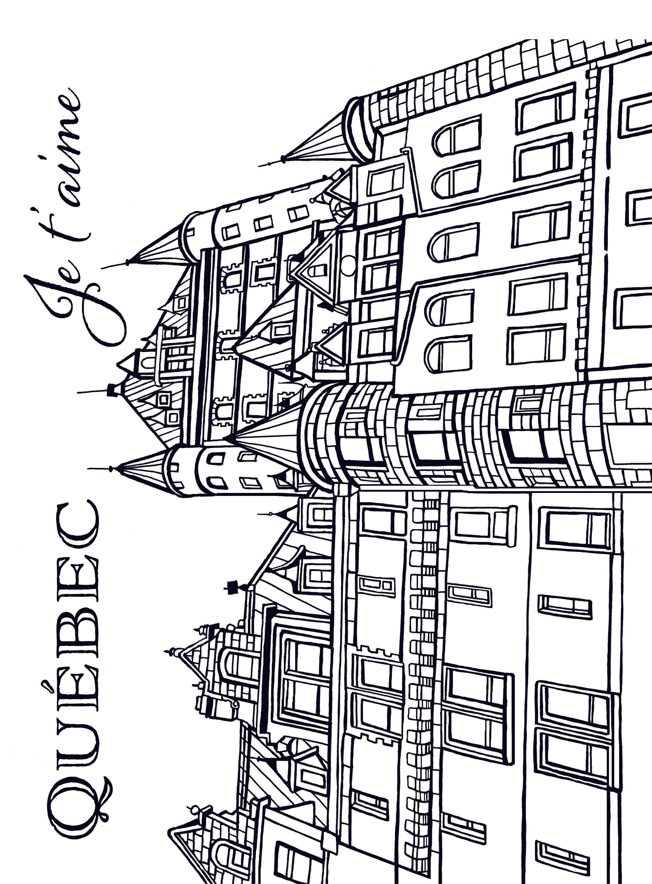 Hand-drawn line illustration of a detailed view of Château Frontenac, the iconic castle-like hotel overlooking Old Quebec City. The drawing captures its elegant turrets, intricate rooftops, and arched windows in a romantic architectural style. The words “Québec” and “Je t’aime” are written artistically alongside the building, adding a personal and affectionate touch to the artwork. A perfect coloring page to celebrate the timeless charm of this historic landmark. You-Color