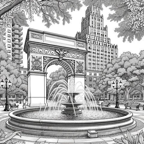 Black and white line drawing for coloring, depicting the iconic Washington Square Park with its famous arch and fountain, surrounded by detailed urban landscape and casual park-goers, set against a backdrop of high-rise buildings and fluffy clouds.Free coloring page :: YouColor