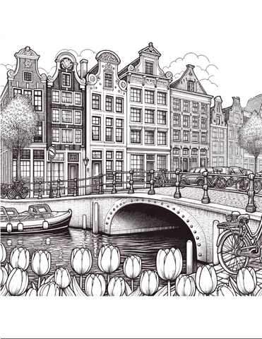 coloring page that captures the essence of Amsterdam, designed with adult coloring in mind. It features historic Dutch canal houses , a canal with a small bridge, bicycles, and tulips, all drawn with a human touch to provide a relaxing and engaging coloring experience. Enjoy bringing this scene to life with your colors! Free coloring page :: YouColor