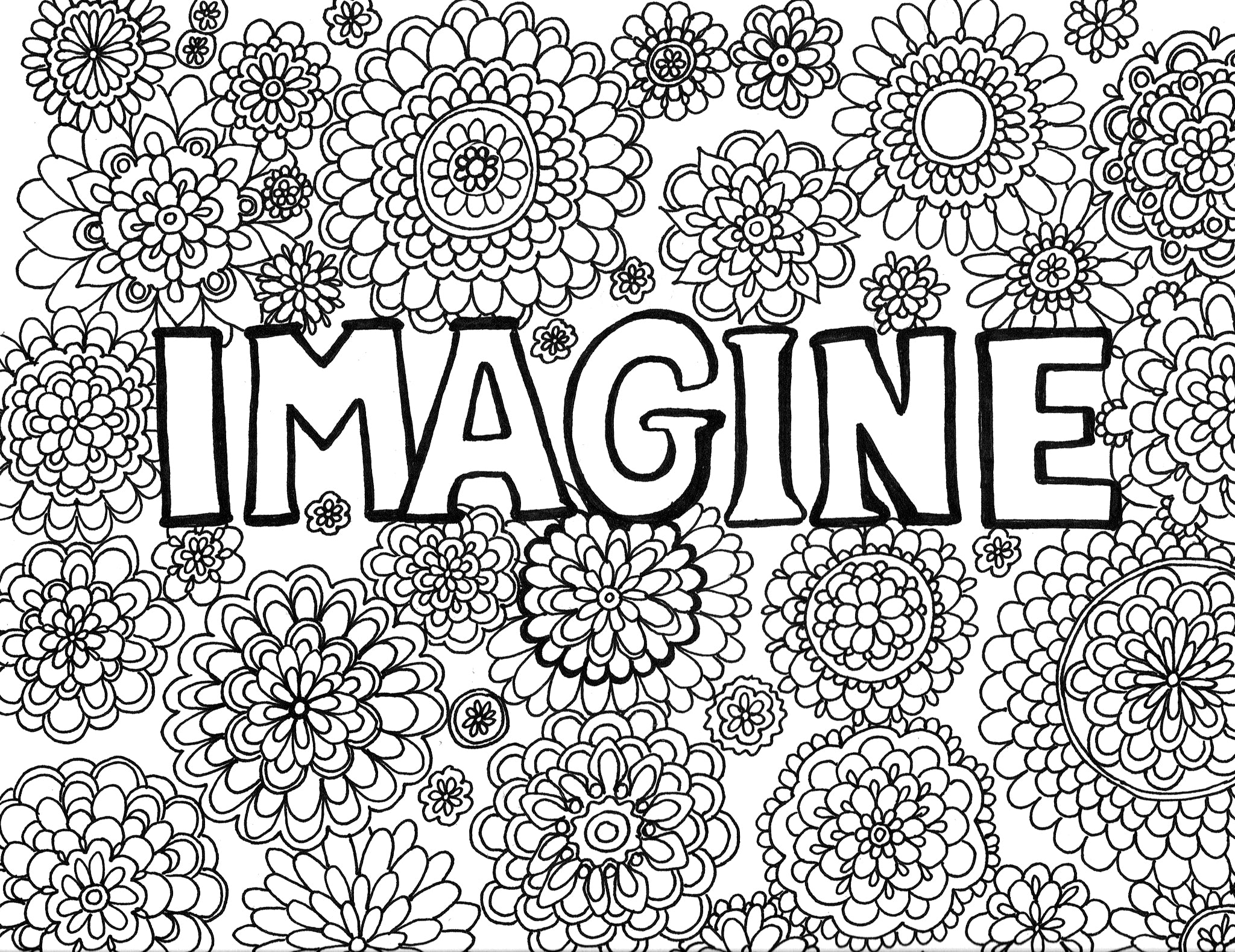 Adult coloring page showcasing the word 'IMAGINE' in bold, capital letters, set against a dense backdrop of detailed mandala flowers. The design encourages creativity, imagination, and belief, inviting colorists to bring the scene to life with their own artistic vision and a spectrum of colors. Free coloring page :: YouColor