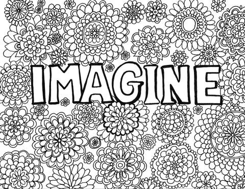 Adult coloring page showcasing the word 'IMAGINE' in bold, capital letters, set against a dense backdrop of detailed mandala flowers. The design encourages creativity, imagination, and belief, inviting colorists to bring the scene to life with their own artistic vision and a spectrum of colors. Free coloring page :: YouColor