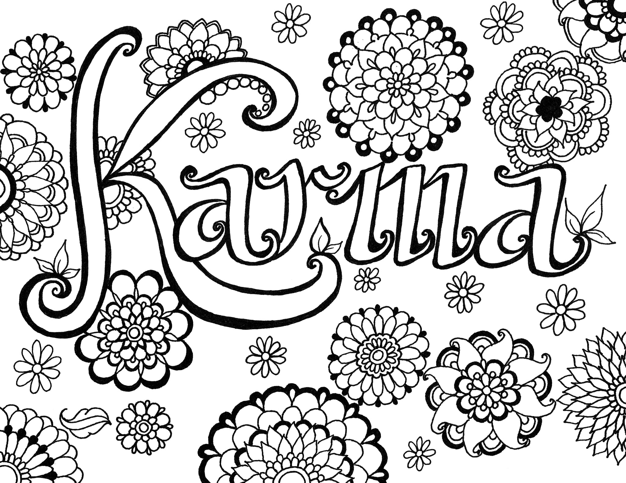 Black and white intricate floral design coloring page with the word 'Karma' elegantly scripted at the center, surrounded by a variety of detailed flowers and petals. The image symbolizes the beauty and complexity of life, inviting individuals to engage in positive actions and reminding them of the cycle of cause and effect, where our deeds inevitably return to us, just like the patterns that return and complete the design in this artwork. Free coloring page :: YouColor