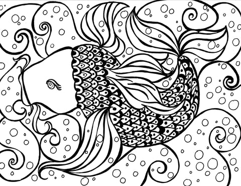 Adult coloring page depicting a stylized Koi fish, elegantly intertwined with whimsical swirls and bubbles. The fish is adorned with intricate patterns and textures, providing a delightful array of shapes and details to color. Its flowing fins blend seamlessly into the surrounding water, represented by swirling lines and dotted with bubbles, creating a tranquil underwater scene. This artwork invites a peaceful coloring session, perfect for relaxation and reflection. Free coloring page :: YouColor