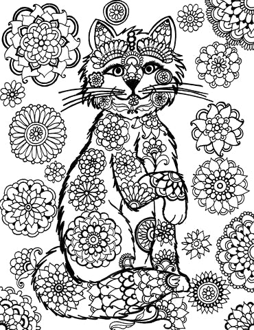 Free intricate Cat Mandou coloring page featuring a serene cat entwined with a tapestry of detailed flowers, symbolizing calm and mindfulness. Perfect for relaxation and mental wellness. Download this and more unique coloring sheets at you-color.com. Beneath the florals' gentle arch, where dreams and daydreams weave, The Cat Mandou's serene repose invites us to believe. Free coloring page :: You-Color