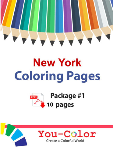 Cover page for a premium adult coloring book package titled 'The complete package contains: 10 original, high-resolution coloring pages,' featuring the iconic Statue of Liberty. The detailed black and white illustration captures Lady Liberty holding her torch high, surrounded by delicately drawn snowflakes, hinting at the winter season in New York. The 'You-Color.com' logo is placed below, indicating the source of these artistically crafted pages. Package #1 New York :: You-Color