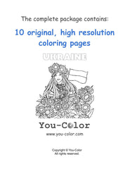Promotional image for a coloring page package featuring Ukraine, showcasing an intricate line drawing of a woman adorned with a traditional Ukrainian floral headpiece, holding a flag. The text states 'The complete package contains: 10 original, high resolution coloring pages' emphasizing the theme of Ukraine. Visit www.you-color.com to explore and download. Package #1 Ukraine :: You-Color