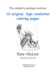 Cover page for a premium adult coloring book package titled 'The complete package contains: 10 original, high-resolution coloring pages. The detailed black and white illustration captures Lady Liberty holding her torch high. This cover serves as an invitation to explore the landmarks and spirit of New York City through the art of coloring. Package #1 New York :: You-Color