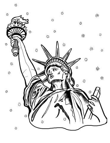 Line art illustration for coloring featuring the Statue of Liberty, with a raised torch and seven-pointed crown, symbolizing New York. The background has a pattern of small stars, suggesting the night sky or fireworks. This page is part of a 10-page adult coloring book package that highlights various countries and cities, complete with engaging facts about each location. Package #1 New York :: You-Color
