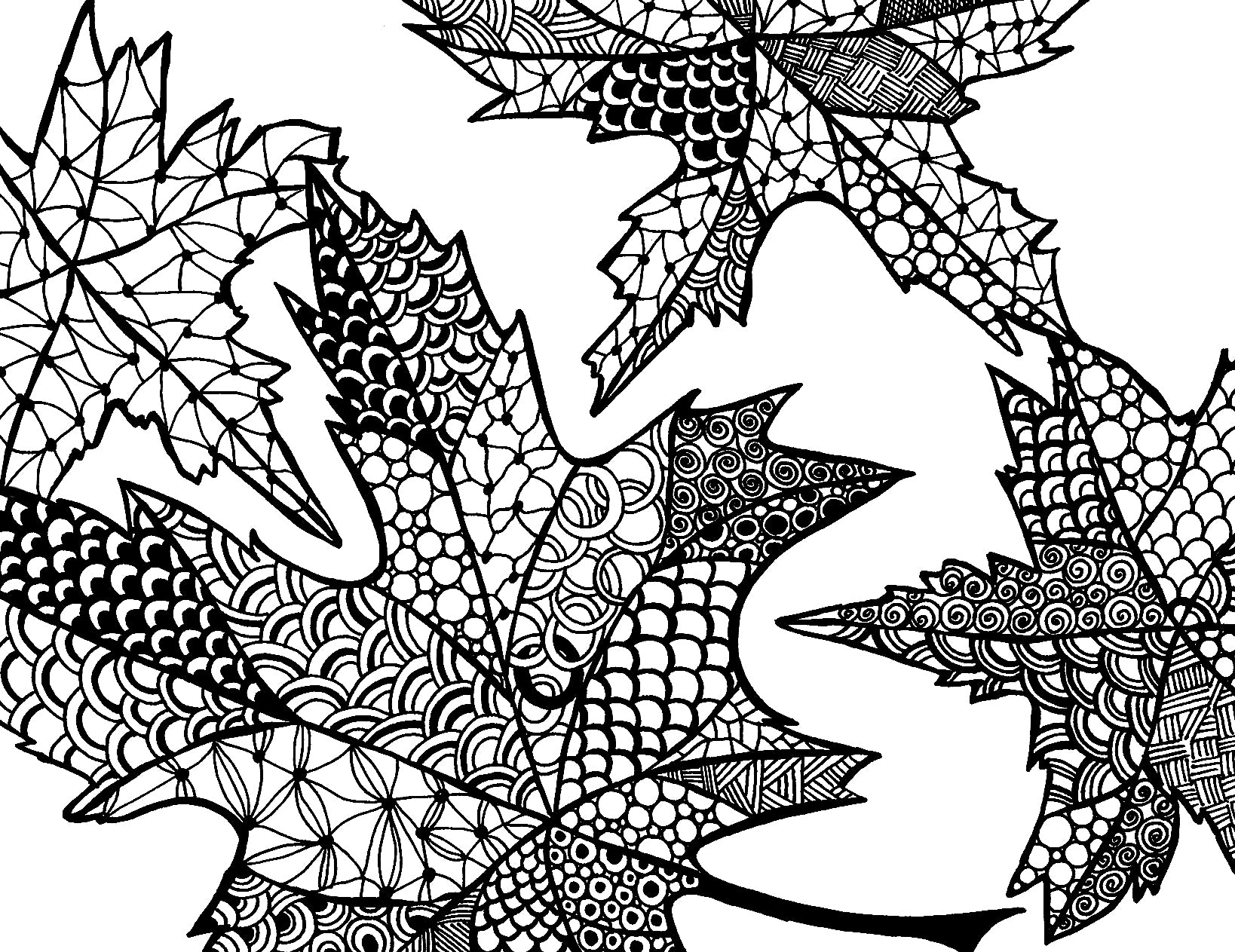 Free downloadable coloring page featuring a cluster of intricately patterned maple leaves, each leaf uniquely adorned with a variety of textures such as spirals, lacework, scales, and geometric shapes. This artistic take on the iconic symbol invites creativity and relaxation, ideal for anyone seeking a moment of calm through coloring. Free coloring page :: You-Color