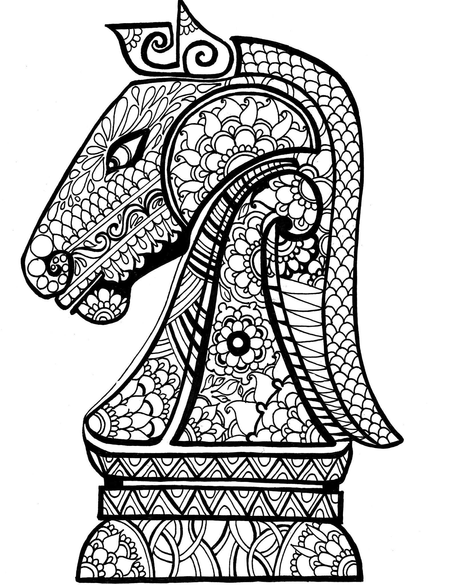 Black and white coloring page featuring a stylized knight chess piece, embellished with intricate floral and paisley patterns. The knight, traditionally represented by a horse's head, is adorned with elaborate designs that evoke a sense of nobility and strategy associated with the game of chess. The artwork invites colorists to infuse creativity into the game's dynamics, highlighting the knight's role as a versatile and valuable participant in the timeless dance of chess.Free coloring page :: YouColor