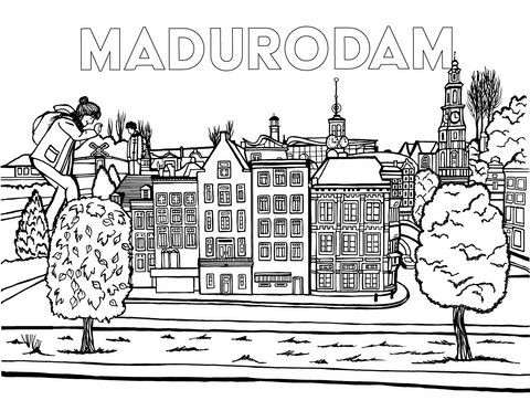 Whimsical line drawing of Madurodam, the miniature city in the Netherlands. The illustration shows detailed miniature Dutch buildings, a canal, and iconic architecture, with a giant tourist playfully taking a photo—emphasizing the scale of the tiny city. Trees, windmills, and clock towers complete the charming scene, with “MADURODAM” written in bold letters above. A fun and imaginative coloring page that captures the magic of discovering the Netherlands in miniature form. You-Color
