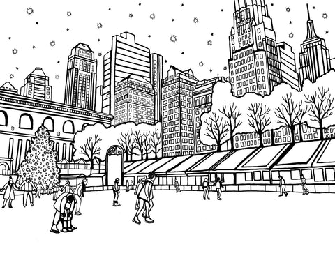 Black and white coloring page illustrating a bustling scene at Rockefeller Center in New York during winter, with a detailed drawing of the ice skating rink, surrounding skyscrapers, and a prominently featured Christmas tree. Skaters of all ages are enjoying the rink, adding to the lively atmosphere. Flurries of snowflakes fill the sky, enhancing the festive mood. Perfect for those who enjoy coloring urban landscapes and seasonal festivities. Free coloring page :: You-Color